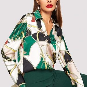 Chain Print V-Neck Satin Top